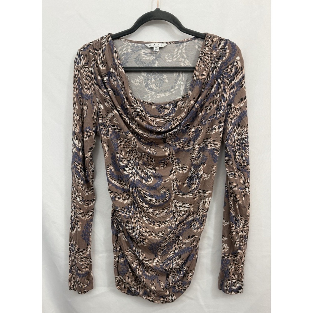 Cabi Casual Jersey Top Brown Floral Long Sleeve Ruched‎ Sides Womens Size M
